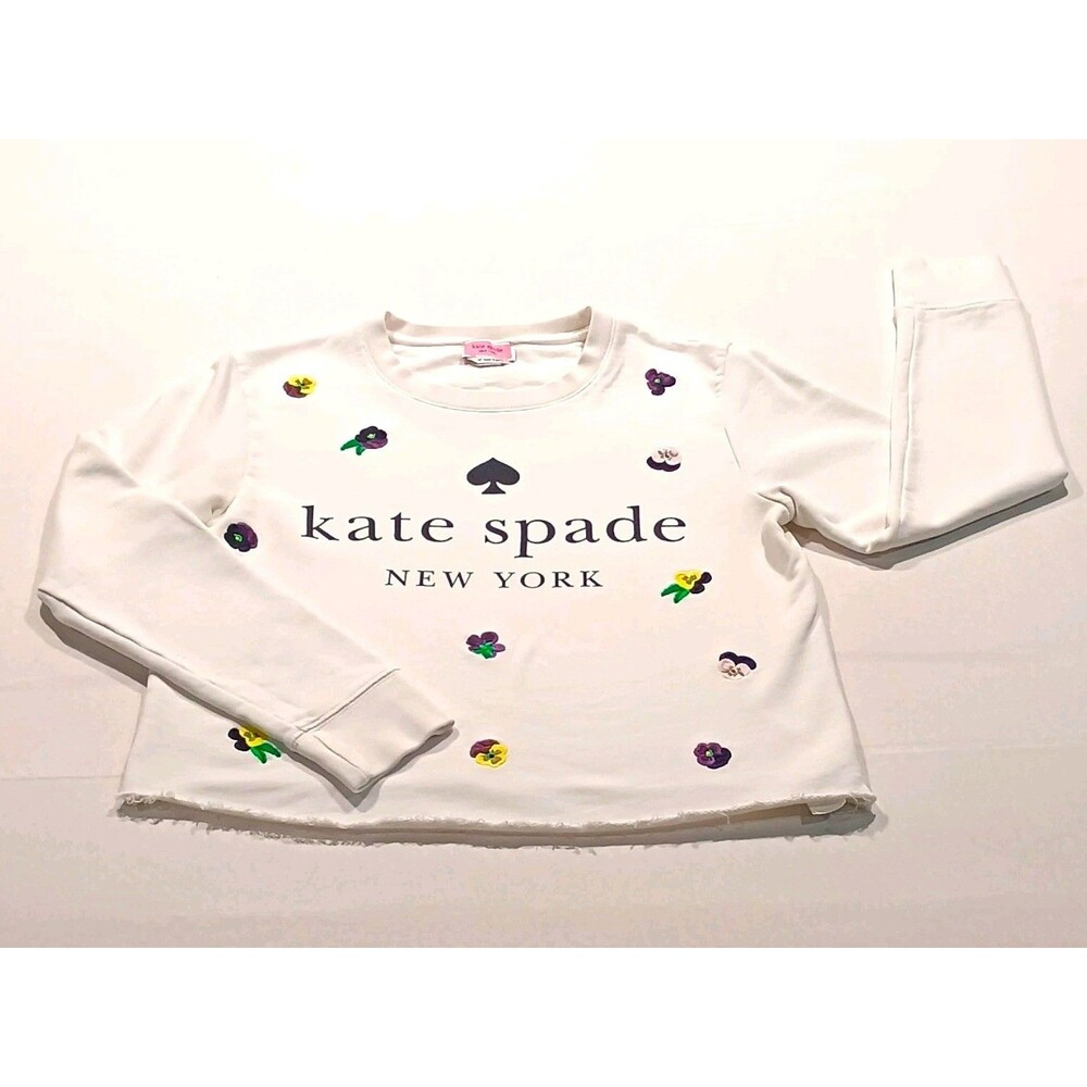 Kate Spade New York Custom Cropped Embroidered Flower Logo Sweatshirt White XS